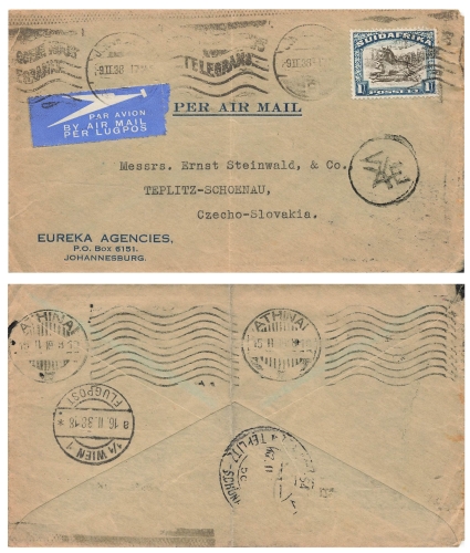 South Africa Air Mail 1 Posseel o Johannisburg 9.2.1938 to Teplitz