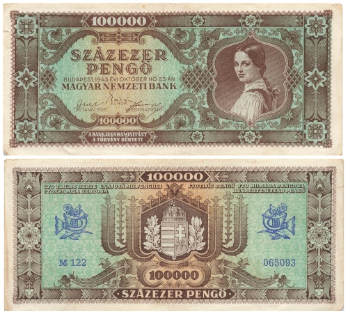 Szazezer Pengoe 100000 Magyar Nemzeti Bank Geldschein Ungarn 1945