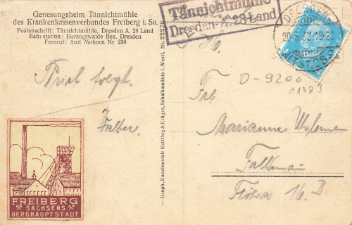 01723 Taennichtmuhle Wilsdruff Genesungsheim Landpoststempel o 1932