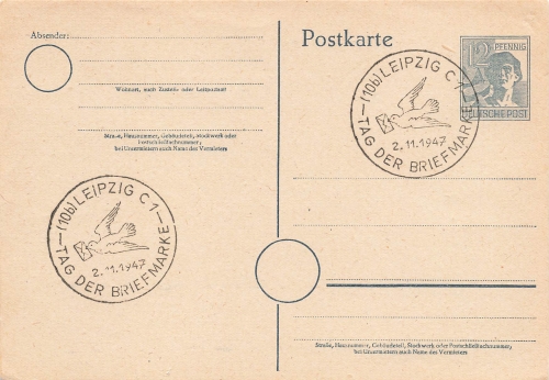 Stamp Day 1947 postal stationery special cancellation Leipzig C1 November 2, 1947