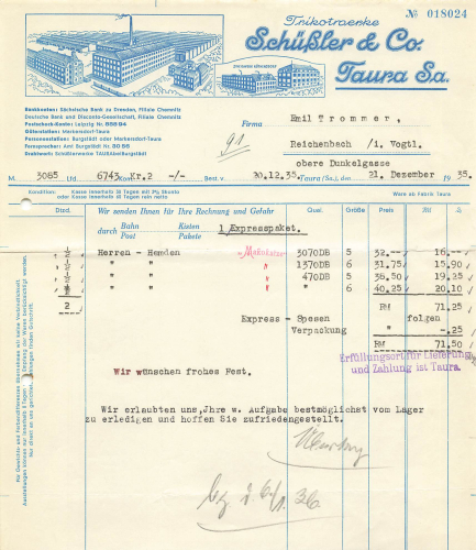 09228 Taura Sa. Trikotwerke Schüßler & Co. Briefkopf mit Firmenansicht 1936Taura Sachsen Trikotwerke Schuessler  Briefkopf mit Firmenansicht