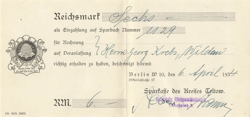Teltow Sparkasse Sparbuch Einzahlquittung 1934