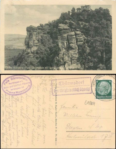 01796 Thuermsdorf via Koenigstein country postmark on AK Baerenstein o 14.5.1936