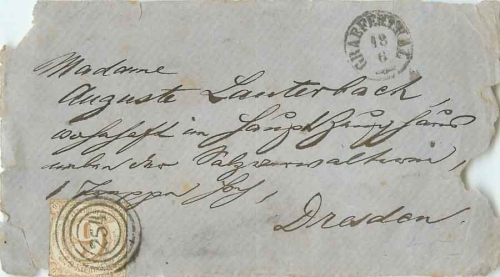 Turn and Taxis 9 Kreuzer on the front of the cover, four-circle stamp 254 Gräfenthal 18.6. to Dresden