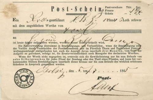 Thurn and Taxis post note 07/06/1865