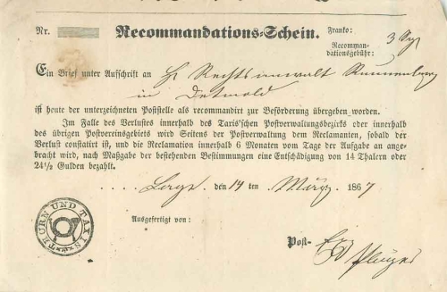 Thurn and Taxis Recommandations-Schein March 14, 1867 to Detmold