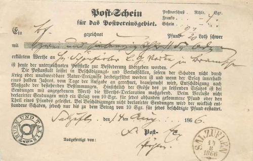 Thurn and Taxis Salzuflen post note August 14, 1866