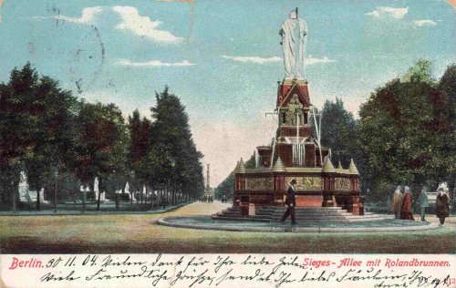 Tiergarten Berlin, Siegesallee with the Roland Fountain, vintage postcard, c. 1904