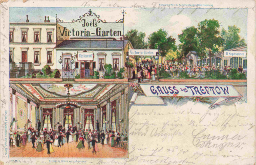 Treptow, Berlin, Köpenicker Landstraße 21, Gasthaus Joél's Victoria-Garten, lithograph, c. 1903