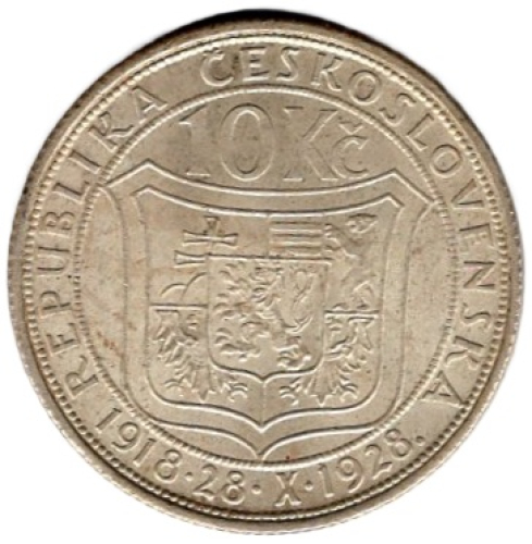 Tschechoslowakei 10 Kronen 1928 10 Jahre Republik Masaryk
