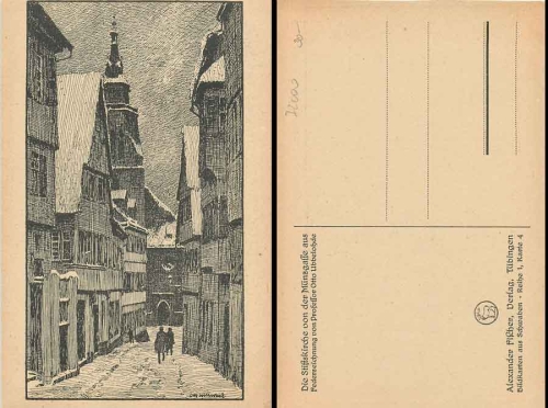 Tübingen Collegiate Church from Münzgasse artist card Otto Ubbelohde *ca. 1920