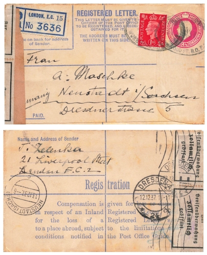 UK Postage Three Halfpence Edward Registered Letter stationery o 12.12.1937 to Neustadt Sachsen