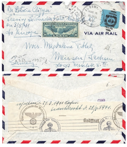 US Air Mail 30 cents Trans Atlantic Censorship Open Wehrmacht High Command o Albany 4.3.1941 do Meissen