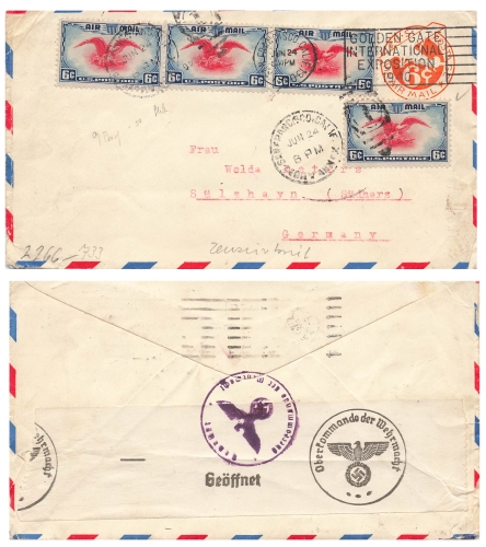 US Air Mail on postal stationery Censorship Open Wehrmacht High Command o San Francisco June 24, 1940 Golden Gate International Exposition