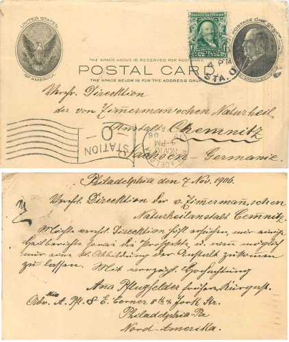USA 1c Ganzsache  McKinley mit Zusatzfrankatur nach Chemnitz o 10.11.1906