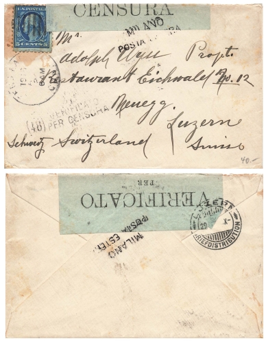 US Postage 5 Cents via Milano Vertivicato Censura nach Luzern 29.9.1916