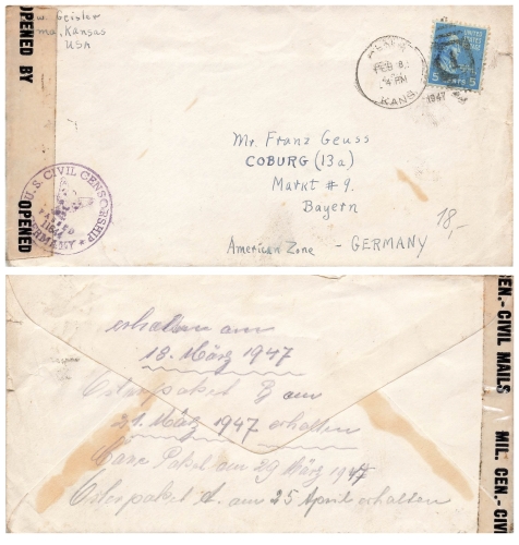 US Postage Zensur Civil Censorship 11644 Germany Opened o Kansas 8.2.1947