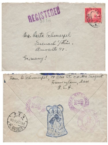 USA 20 Cents Golden Gate single franking R-letter o Boston 12/10/1927 to Eisenach