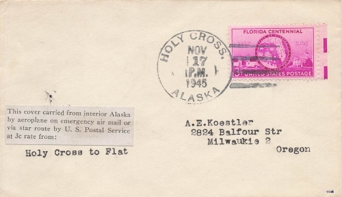 USA 3 cent Florida Centennial on cover from Alaska or Holy Cross November 17, 1945 to Milwaukie Oregon