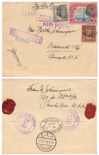USA Air Mail R-Bief o Lincoln Nebraska 2.4.1930 to Eisenach