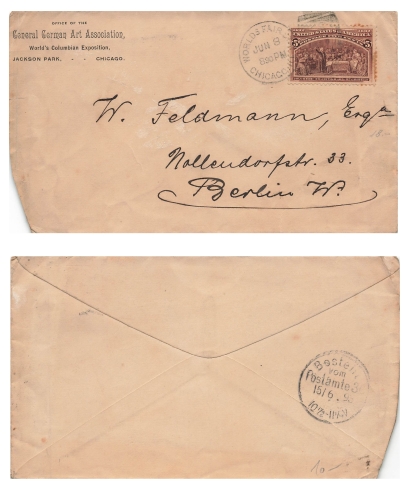 USA Five Cent Columbus single franking on cover exhibition stamp Words Fair Chicago 8.7.1898 to Berlin