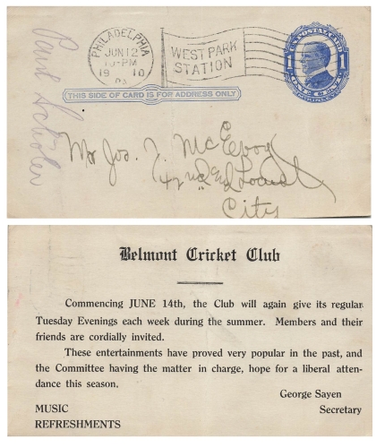 USA One Cent Mc Kinley Ganzsache Flaggenstempel Philadelphia West Park Station 12.6.1910 vom Belmont Cricket Club