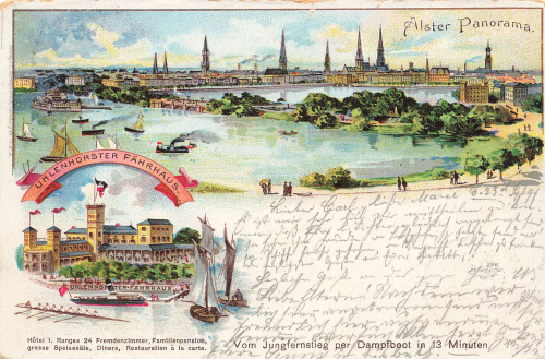 Uhlenhorster Faehrhaus Hamburg Farblitho und Alster Park o 23.9.1897