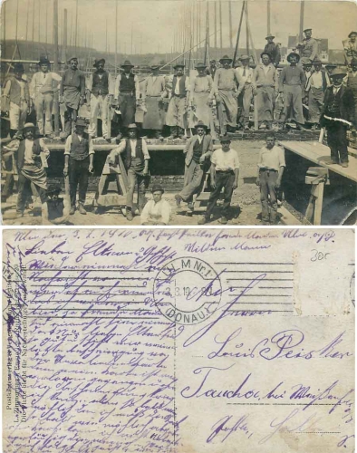 Ulm Danube construction site bricklayer, construction worker real photo card 3.3.1910