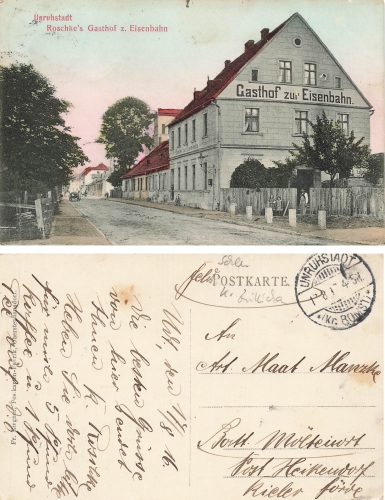 Unruhstadt Kreis Bomst Roschkes Gasthof zur Eisenbahn Kargowa o 1916