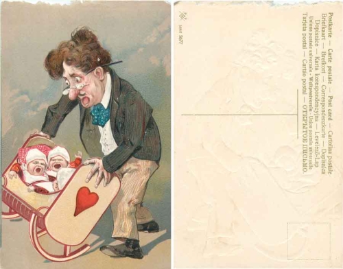 Father with baby cradle embossed card series 5677 around 1905