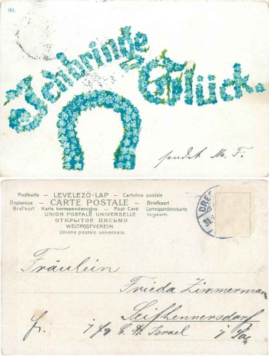 Vergißmeinnicht mit Hufeisen "Ich bringe Glück" gebr. um 1900