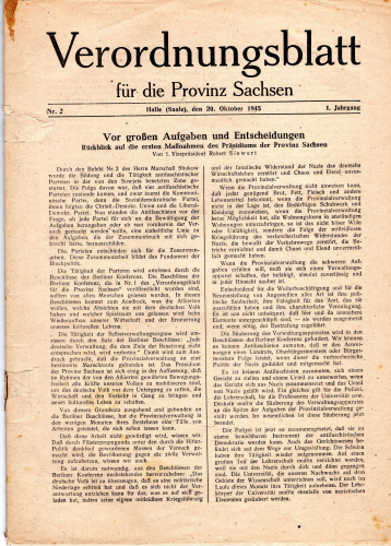 Ordinance Gazette for the Province of Saxony Halle Saale No. 2 October 1945 48 pages