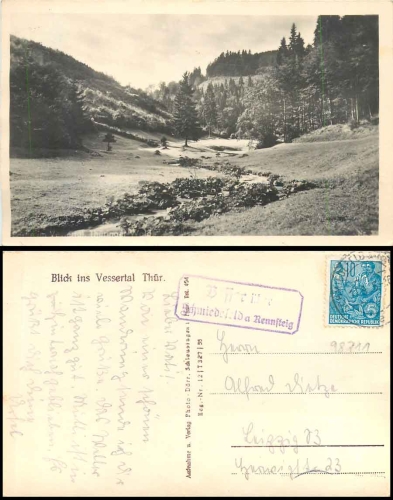 98711 Vesser via Schmiedefeld a Rennsteig country postmark o 17.9.1956