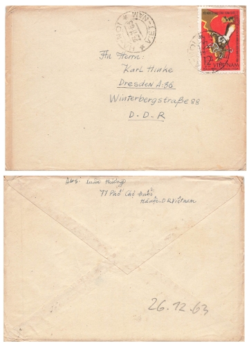 Vietnam 12 xu single franking on letter o November 23, 1963 to Dresden