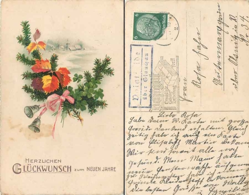 08371 Voigtlaide via Glauchau Country postmark on New Year's card 12/31/1937