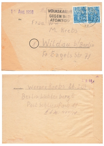 VOLKSKAMPF GEGEN DEN ATOMTOD Propaganda Stempel auf Brief o Berlin 5.8.1958