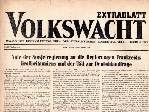 Volkswacht Extrablatt Bezirksleitung der SED Gera 17. August 1953