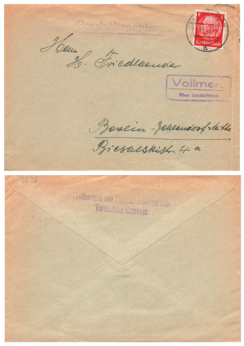 336381 Vollmerz via Schluchtern Country postmark on business letter o Schluchtern January 10, 1940
