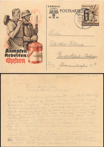WHW Ganzsache "Kämpfen Arbeiten Opfern" o Goettingen 2 22.1.1941