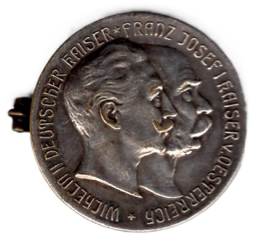 Waffenbrüderschaft 1.WK Deutschland - Österreich 1914 zu Brosche verarbeitete Silbermedaille
