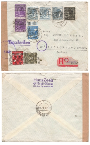 Currency reform band imprint and net imprint on R-letter Dusseldorf Heerdt August 27, 1948 censorship stamp 5160