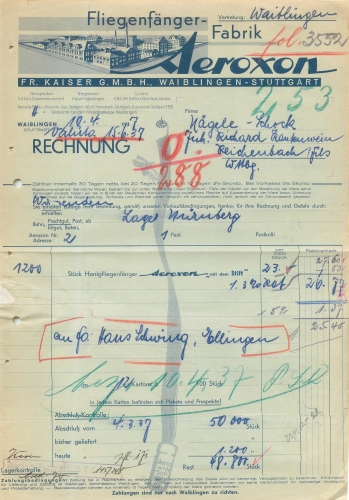 71332 Waiblingen fly catcher factory "Aeroxon" letterhead with factory view 1937