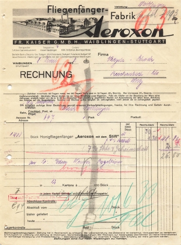Waiblingen - Stuttgart letterhead flycatcher factory Aeroxon 1933