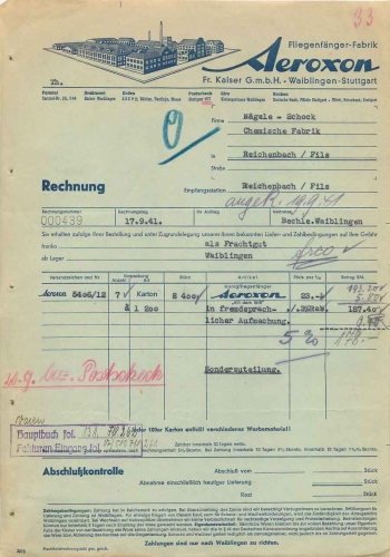 71330 Waiblingen Stuttgart Aeroxon Flycatcher Factory Letterhead with factory view 1941