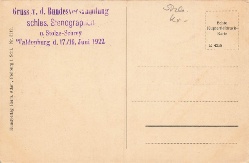 Waldenburg Silesia Wałbrzych Auenstrasse RS Stamp Federal Assembly Silesian Stenographers June 17/19, 1922
