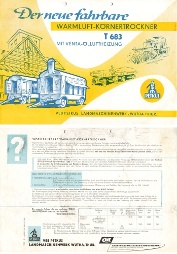 Warmluft-Körnertrockner T683  Landwirtschaft Werbeprospekt Landmaschinenwerk VEB Petkus Wutha A4 1961