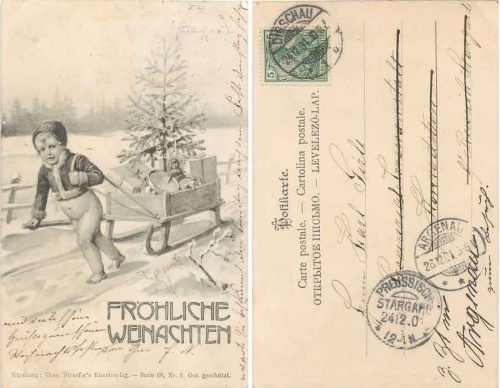 Christmas child with sleigh and drum artist card o 24.12.1901