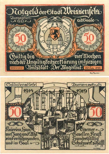 06667 Weissenfels emergency money 50 Pfg shoes soldiers boots 1921
