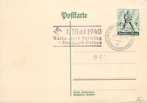 May 1, 1940 National Holiday of the German People Propaganda stamp o Frankfurt May 1, 1940 on Michel 745