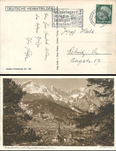 Hitler youth advertising stamp Thuringian HJ in the Alps tent camp near Grainau o Garmisch-Partenkirchen 2 15.7.1938